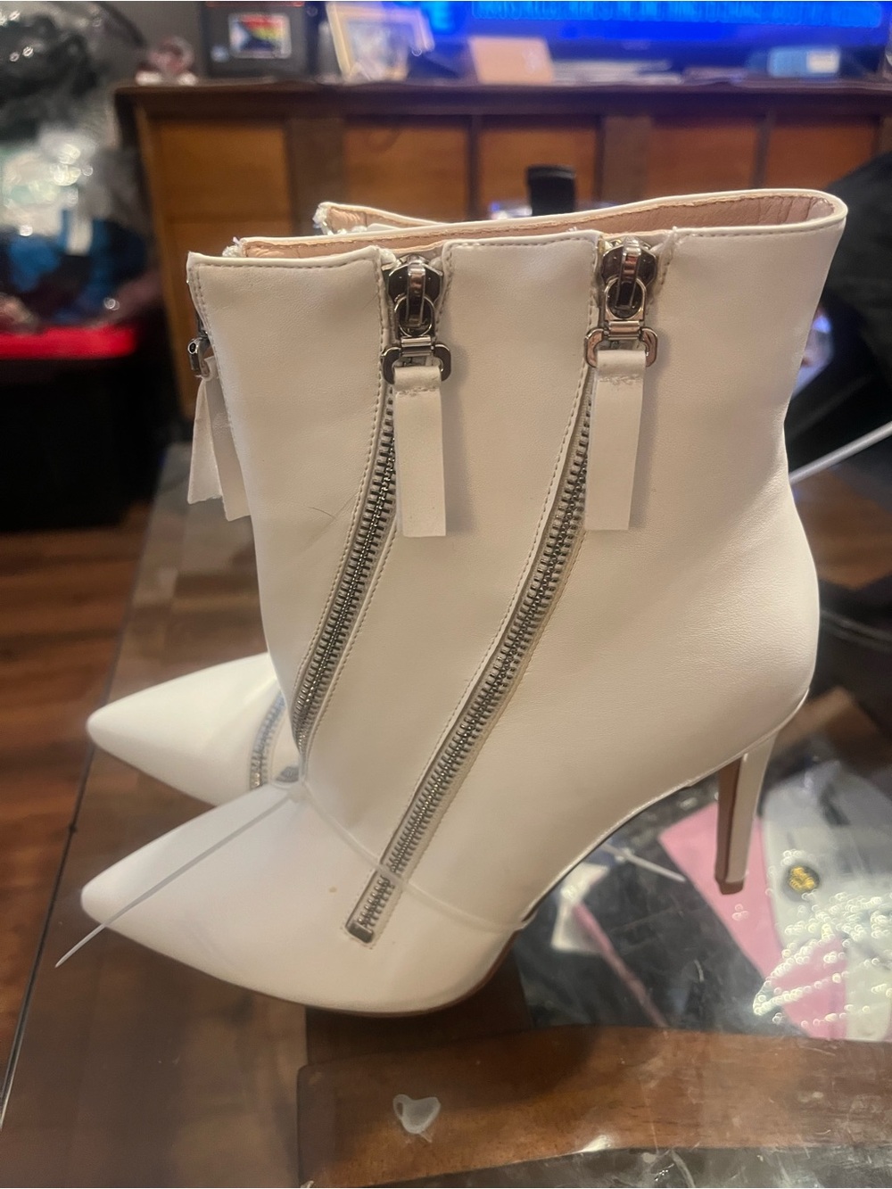 Pointed Toe White Ankle Heeled Boots with Dual Decorative Zippers